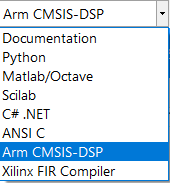 ASN Filter Designer Sélectionnez le cadre Arm CMSIS-DSP dans la boîte de sélection de la fenêtre de résumé du filtre