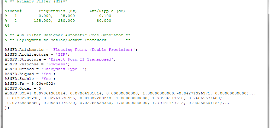 The complete automatically generated code is shown below, where it can be seen that the biquad gains have been pre-multiplied with the feedforward coefficients.