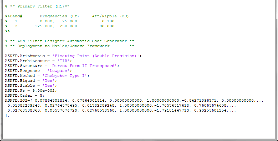 The complete automatically generated code is shown below, where it can be seen that the biquad gains have been pre-multiplied with the feedforward coefficients.