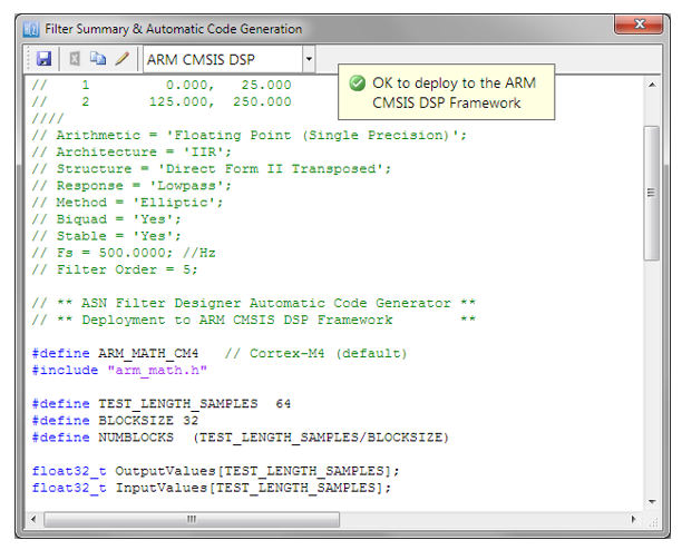 Der automatisch generierte C-Code auf Basis des CMSIS-DSP-Frameworks für die direkte Implementierung auf einem Arm-basierten Cortex-M-Prozessor ist dargestellt