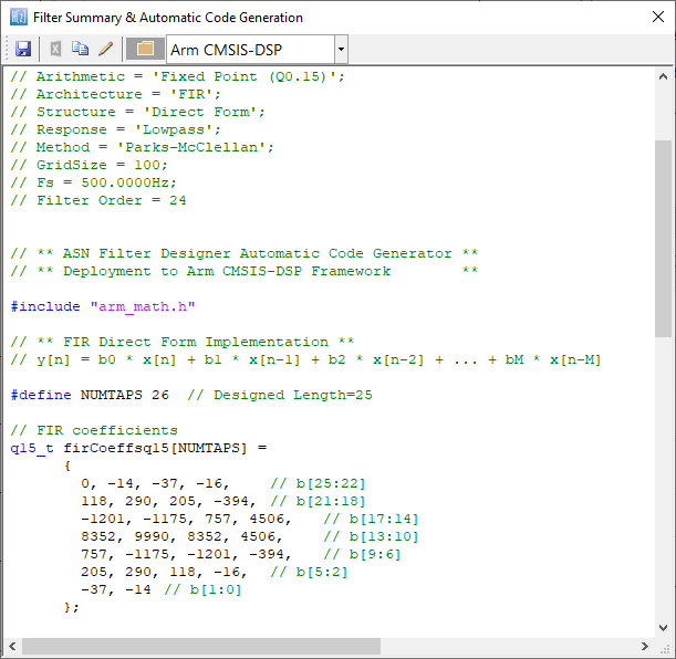 C code Arm CMSIS DSP for direct implementation on an Arm based Cortex-M processor