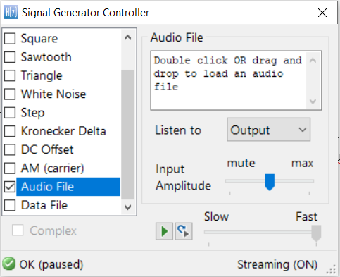 Signal Generator Controller: 
Choose what you want to listen to; Adjust the amplitude of the input signal
