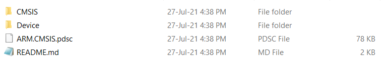Clone the CMSIS git repository in a separate folder using the command git clone https://github.com/ARM-software/CMSIS.git Structure: CMSIS, Device, ARM.CMSIS.pdsc, Readme.md