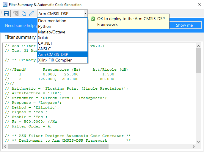 Le code C généré automatiquement basé sur le cadre CMSIS-DSP pour une implémentation directe sur un processeur Cortex-M basé sur Arm